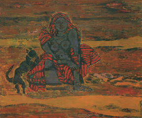 A.P. Santhanaraj,girl with her pet,1992,oil  on canvas, 37.5 x 44.5 inch