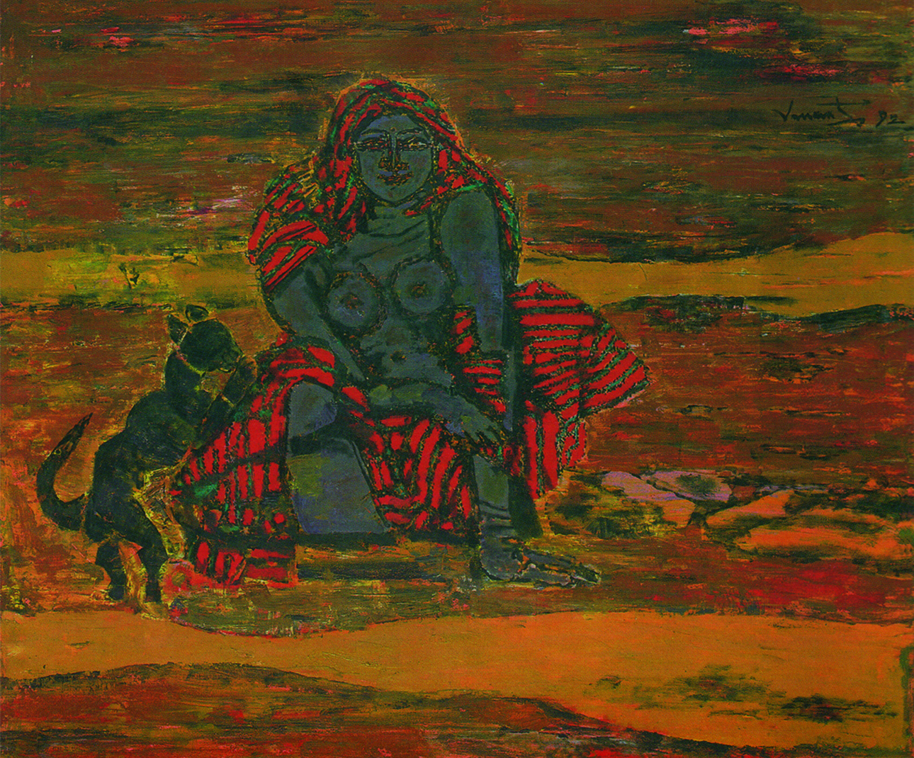 A.P. Santhanaraj,girl with her pet,1992,oil  on canvas, 37.5 x 44.5 inch