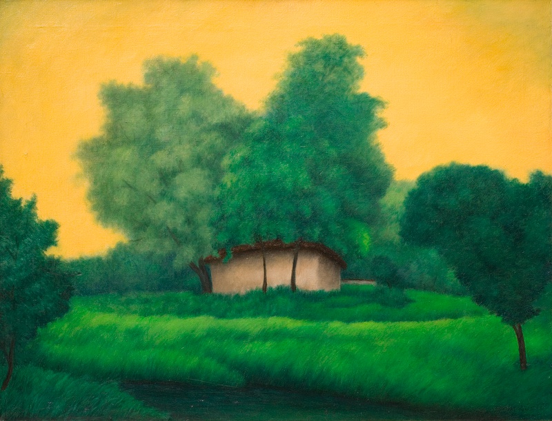 Anil Karanjai, Hut in the Garden, 1989, Oil on canvas