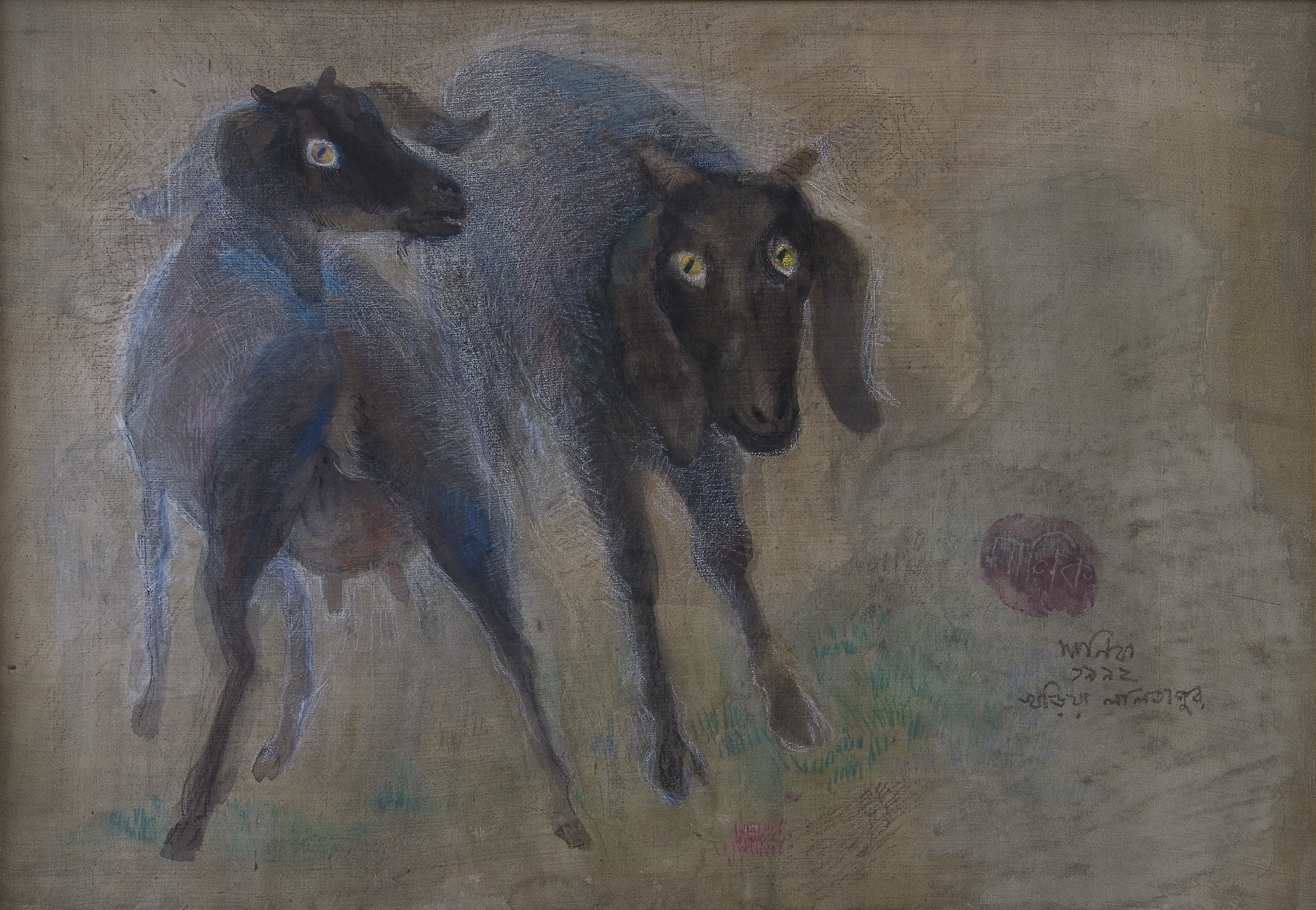 Maniklal, , water colour on silk, goats, 1992 , 18.5 x 26  inch