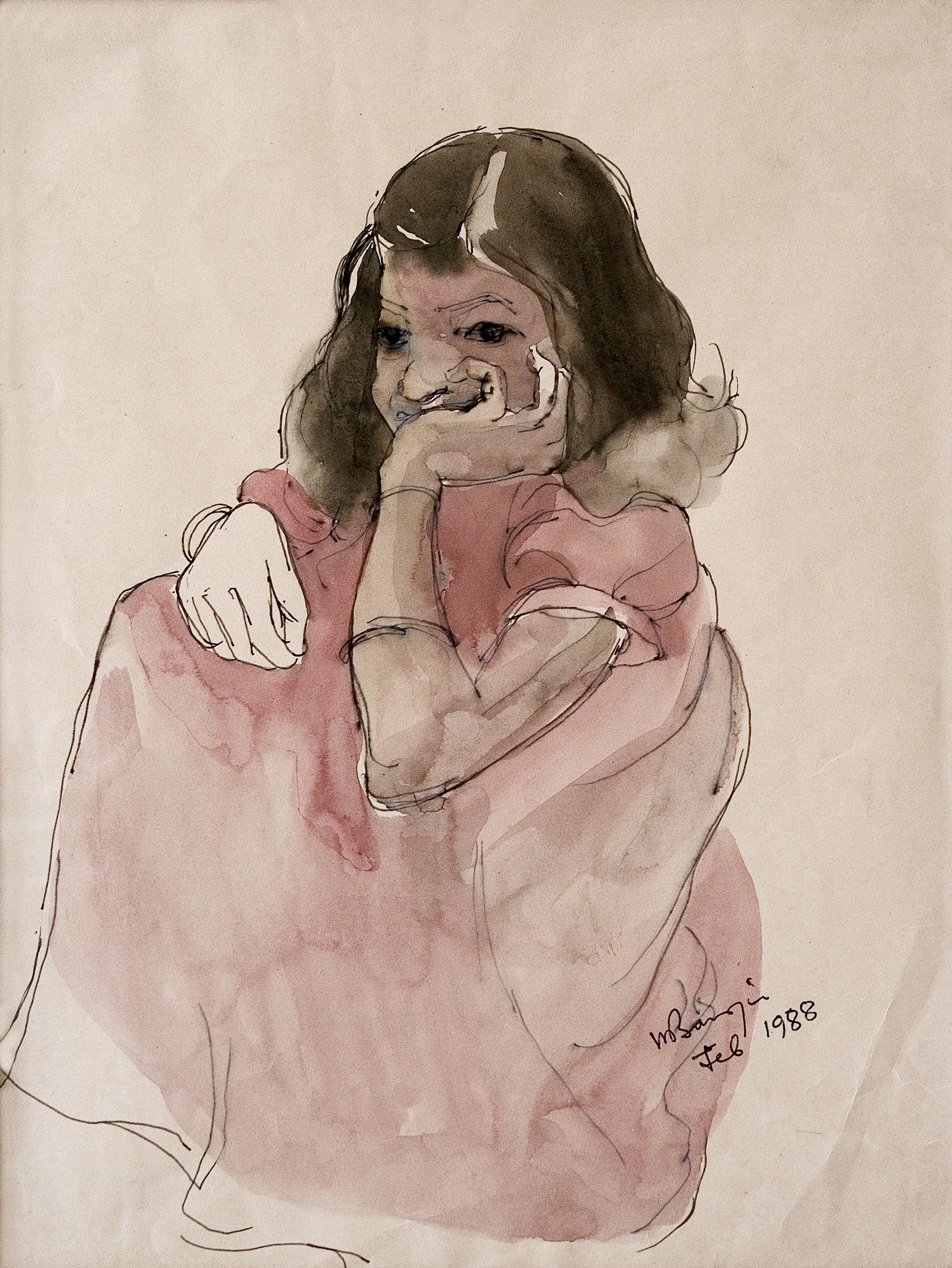 Maniklal, girl  in pensive mood, feb.1988, water colour on paper, 12x9.25 inch