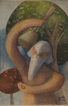 Maniklal, water colour on silkboard , baul singer ,1994 , 29x19.25 inch