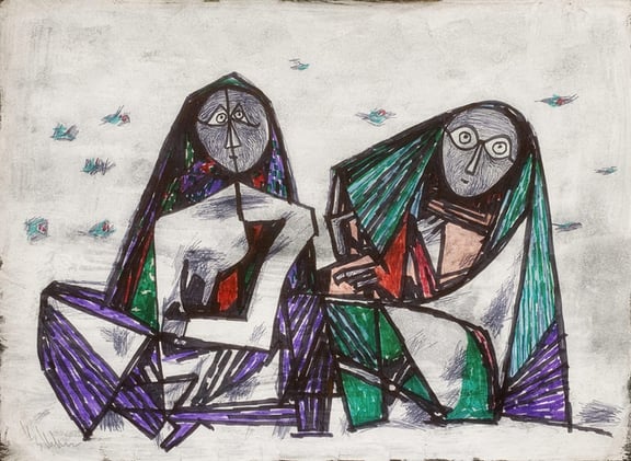 K S Kulkarni, Two Women, 1970s, Acrylic on paper