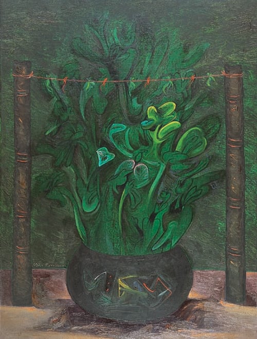 Manu Parekh, Ritual Pot and Flower, 1980, Oil on canvas